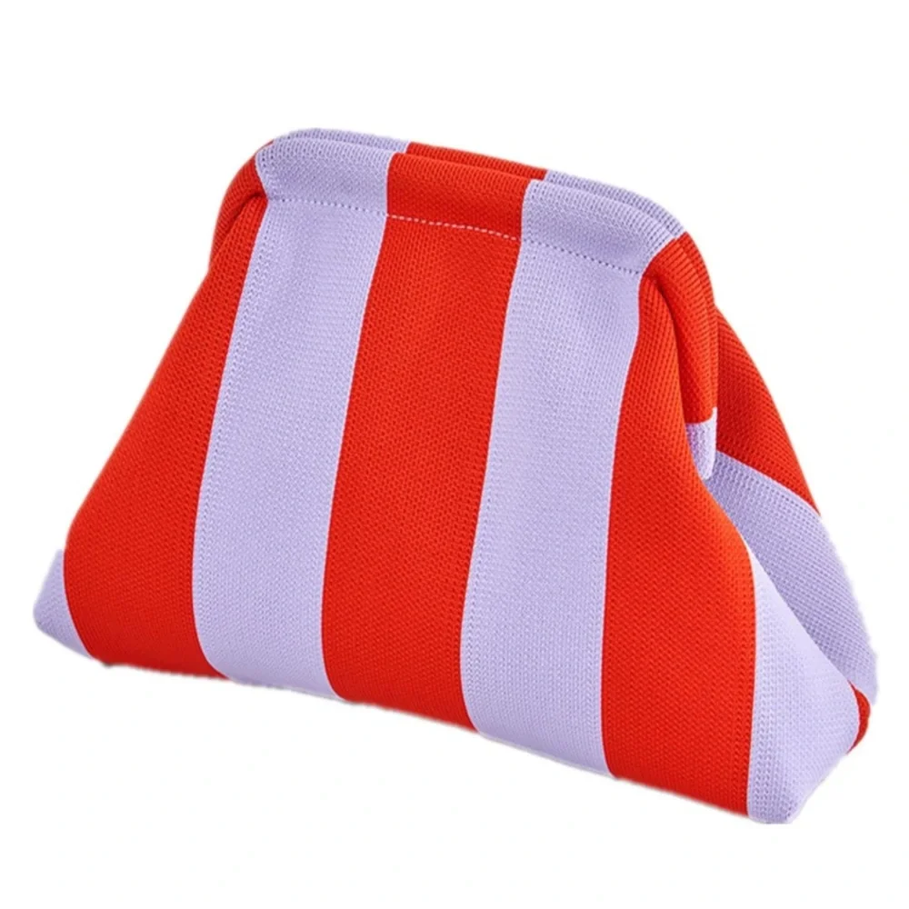 NEW Striped Woven Dumpling Clutch Bag  Lilac Purple & Coral - Picture 2 of 2